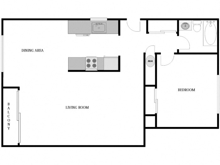 Floor plan for 1 bed, 1 bath, 780 sqft